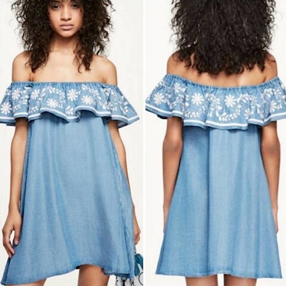 REBECCA MINKOFF Dev chambray off-shoulder embroidered mini dress size small